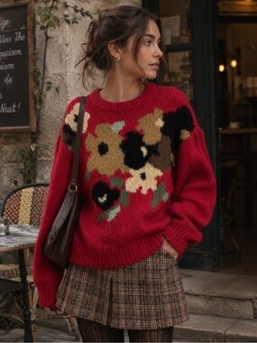 Vintage Barbara Floral Print Knit Sweater Red Cottagecore Fall Boho Chic